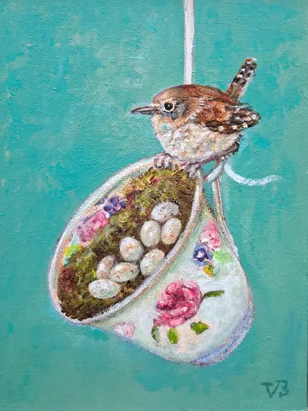 Vilma van den Berg, Kopje winterkoning met eitjes, 210 euro, Acrylic on panel in frame, 15x20 cm