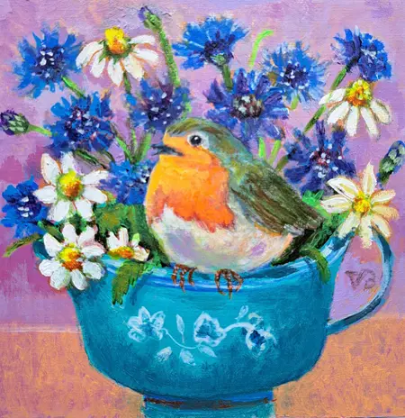 Vilma van den Berg, Korenbloem en roodborst, 175 euro, Acrylic on panel in wooden frame, 15x15 cm