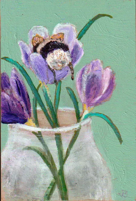 Vilma van den Berg, Krokussen en hommel in vaasje, 125 euro, Acrylic on panel, unframed, 15x10 cm