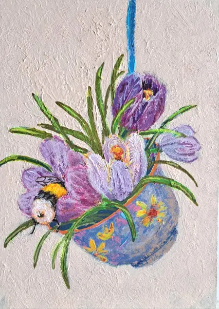 Vilma van den Berg, Krokussen in kopje met hommel, 195 euro, Acrylic on panel, unframed, 20x15 cm