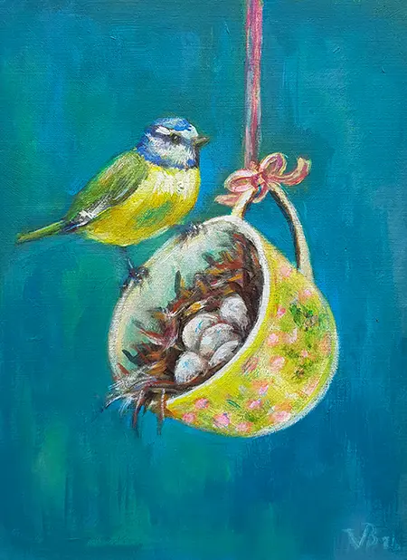Vilma van den Berg, Lente in geel kopje, 185 euro, Acrylic on panel in wooden frame, 20x15 cm