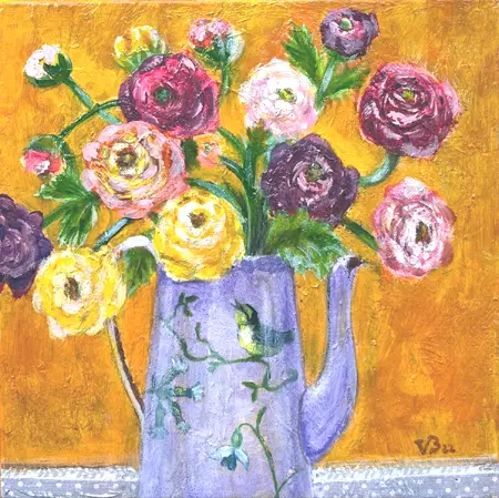 Vilma van den Berg, Lila kan en ranonkels, 295 euro, Acrylic on canvas in wooden frame, 30x30 cm