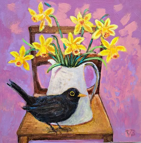Vilma van den Berg, Merel en Narcis, 225 euro, Acrylic on panel in wooden frame, 20x20 cm