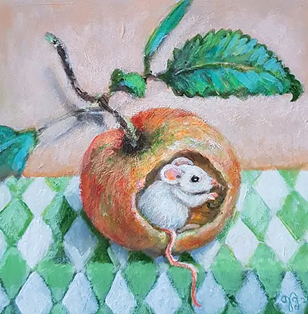 Vilma van den Berg, Muis in Appel, 150 euro, Acrylic on panel in wooden frame, 15x15 cm