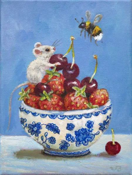 Vilma van den Berg, Muis met aardbeien en kers, 325 euro, Acrylic on canvas in wooden frame, 24x18 cm