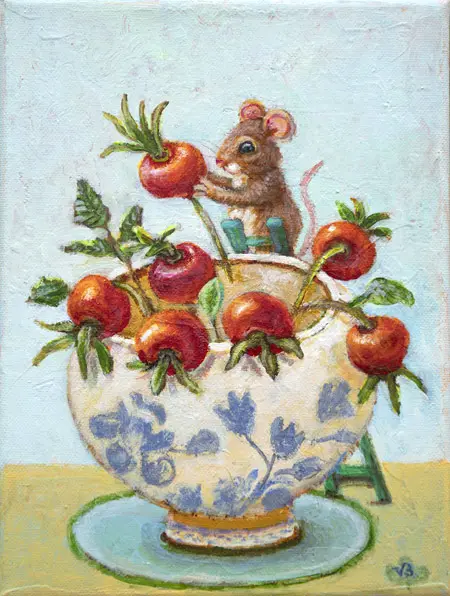 Vilma van den Berg, Muis met rozenbottel, 325 euro, Acrylic on canvas in wooden frame, 24x18 cm
