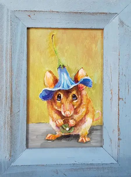 Vilma van den Berg, Muis op pad, Acrylic on panel in frame, 15x10 cm, €.110,-