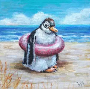 Vilma van den Berg, Pinguin op het strand, 175 euro, Acrylic on canvas in frame, 15x15 cm