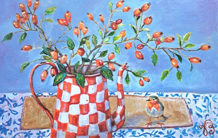 Vilma van den Berg, Rode geruite kan, 525 euro, Acrylic on canvas in frame, 40x60 cm