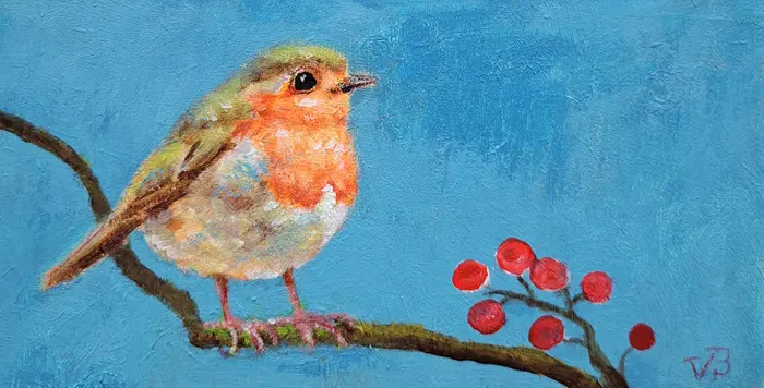 Vilma van den Berg, Roodborst blauw, 95 euro, Acrylic on panel, unframed, 10x15 cm