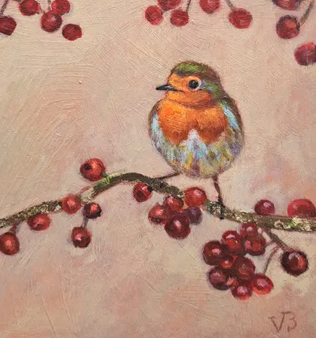 Vilma van den Berg, Roodborst met hulstbessen, 150 euro, Acrylic on panel in frame, 15x15 cm