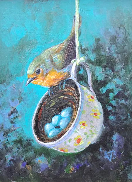 Vilma van den Berg, Roodborstje in nest, 195 euro, Acrylic on panel in frame, 20x15 cm