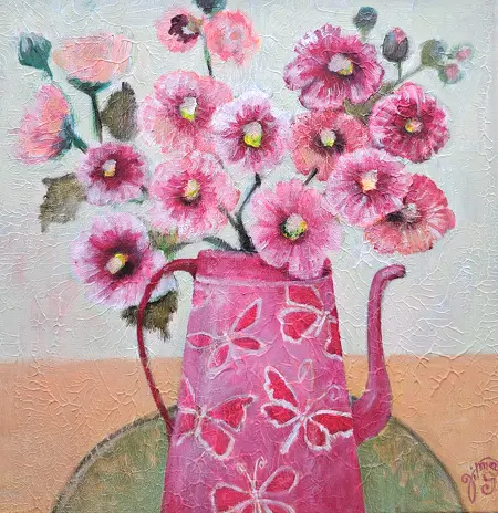 Vilma van den Berg, Roze kan met stokrozen, 395 euro, Acrylic on canvas in frame, 40x40 cm