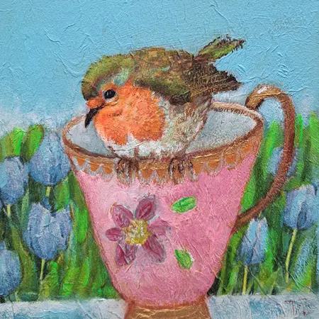 Vilma van den Berg, Roze kopje roodborst, 175 euro, Acrylic on panel in frame, 15x15 cm
