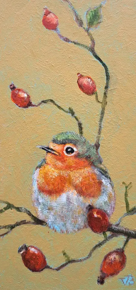 Vilma van den Berg, Rozenbottel roodborst, 95 euro, Acrylic on panel, unframed, 10x15 cm