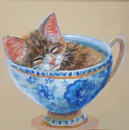 Vilma van den Berg, Slaapkopje in Delfsblauw kopje, 150 euro, Acrylic on panel in wooden frame, 15x15 cm