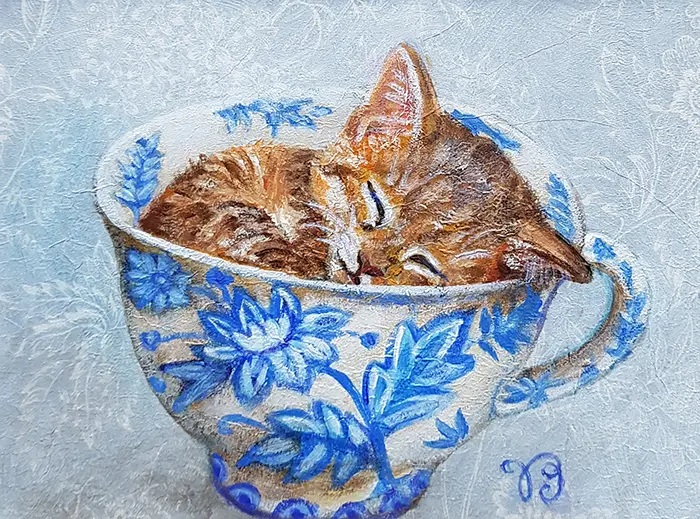 Vilma van den Berg, Slaapkopje in Delftsblauw, 175 euro, Acrylic on canvas in wooden frame, 20x15 cm