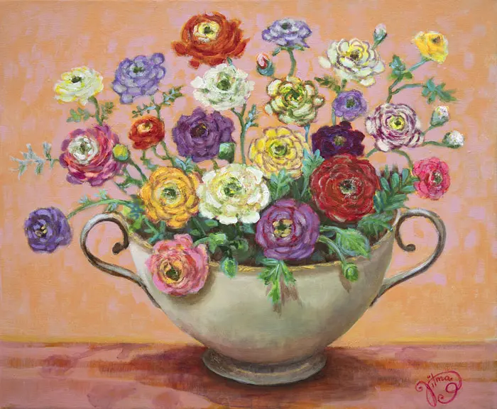 Vilma van den Berg, Terrine met ranonkels, 695 euro, Acrylic on canvas in wooden frame, 50x60 cm