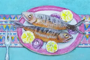 Vilma van den Berg, twee makrelen, 235 euro, Acrylic on panel in wooden frame, 20x30 cm