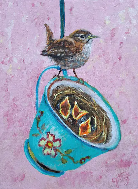 Vilma van den Berg, Winterkoninkje met jongen, 195 euro, Acrylic on panel in frame, 20x15 cm