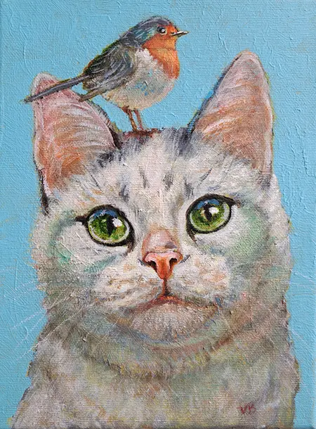 Vilma van den Berg, Witte kat met roodborst, 235 euro, Acrylic on canvas in wooden frame, 24x18 cm