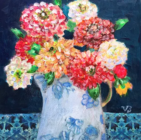 Vilma van den Berg, Zinnia's in kannetje, 225 euro, Acrylic on panel in frame, 20x20 cm