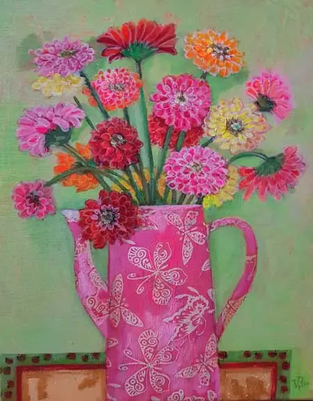 Vilma van den Berg, Zinnia's in roze kan, Mixed media on canvas in wooden frame, 40x30 cm, €.50x40 cm, 345,- euro