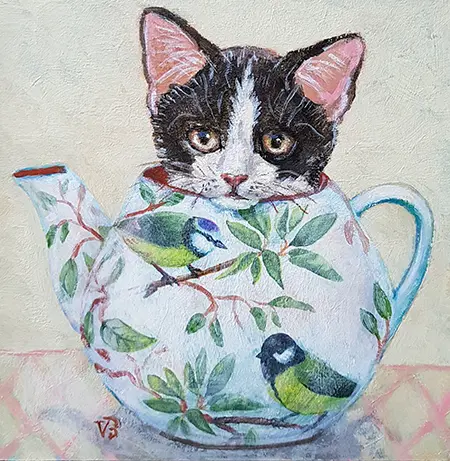 Vilma van den Berg, Zwart/wit kitten in theepot, 225 euro, Acrylic on panel in wooden frame, 20x20 cm