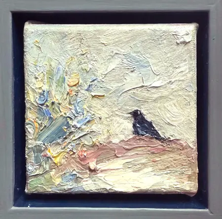 Wil van der Niet, De Vogel, 150 euro, Oil on canvas in grey wooden frame, 10x10x4 cm
