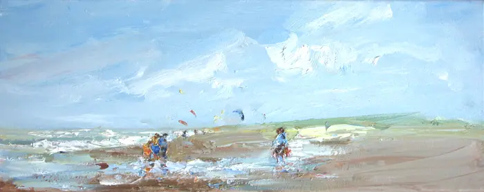 Wil van der Niet, Happinez on the beach, Oil on canvas in wooden frame, 20x50 cm, €.425,-