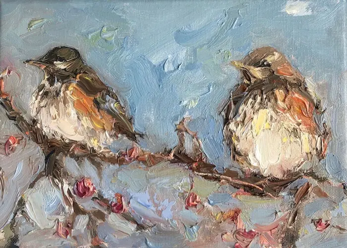 Wil van der Niet, Two Redwings, 250 euro, Oil on canvas in wooden frame, 13x18 cm