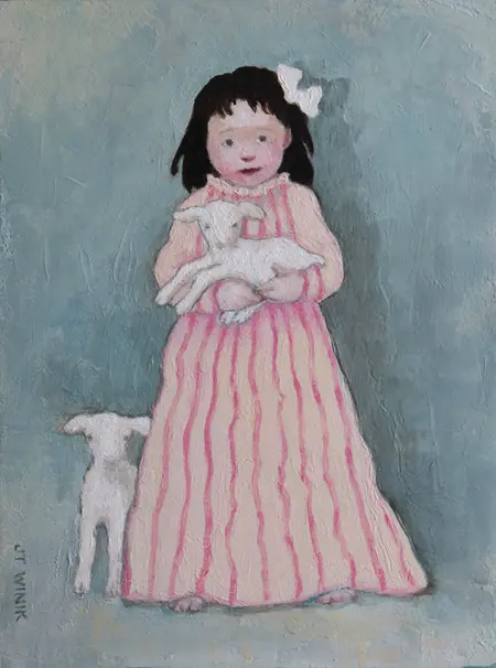 JoAnna Winik, Macy and her lambs, 850 euro, Oil on canvas, unframed, 30x23 cm