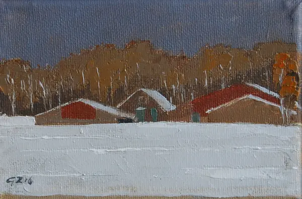 Gineke Zikken, Boerderij in de sneeuw, Oil on canvas in wooden frame, 10x15 cm, €.145,-