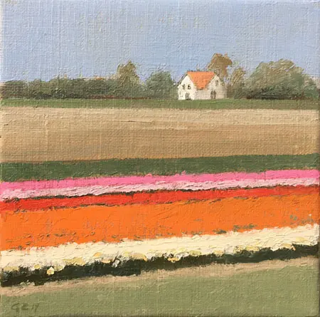 Gineke Zikken, Bollenveld bij Texel, Oil on canvas, 20x20 cm, €.450,-