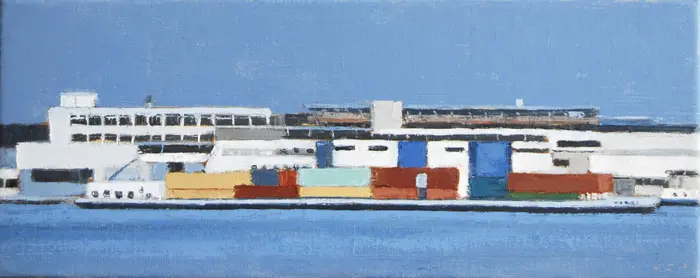 Gineke Zikken, Containerschip, Oil on canvas in wooden frame, 20x50 cm, €.750,-