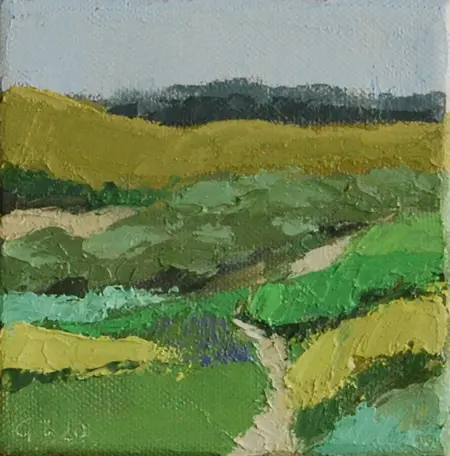 Gineke Zikken, Duinlandschap, Oil on canvas in green wooden frame, 10x10 cm, €.145,-