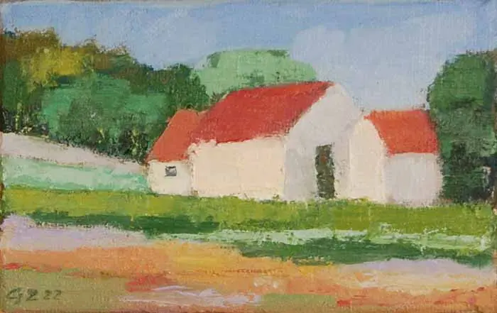 Gineke Zikken,Frans boerderijtje, 145 euro, Oil on canvas in wooden frame, 10x15 cm