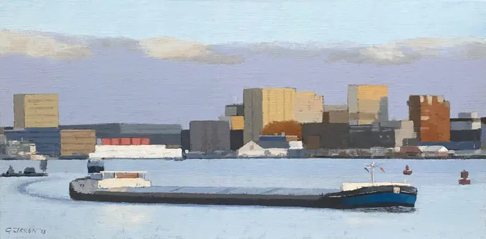 Gineke Zikken, Het IJ, 1950 euro, Oil on canvas in wooden frame, 50x100 cm