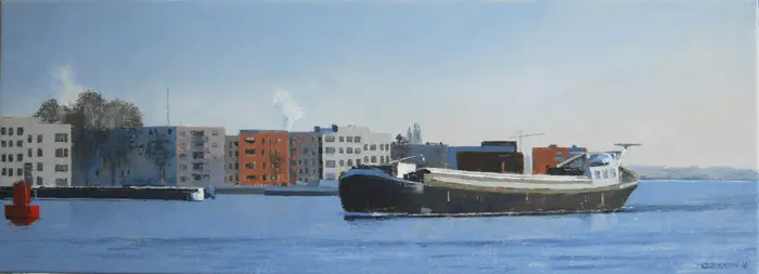 Gineke Zikken, IJplein, Oil on canvas in wooden frame, 40x110 cm, €.1950,-,-