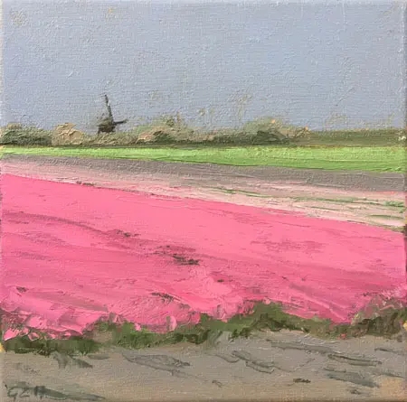 Gineke Zikken, Molen met roze tulpen, Oil on canvas, 20x20 cm, €.450,-