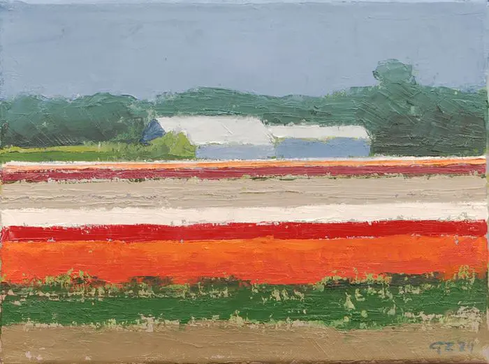 Gineke Zikken, Oranje en Rode Tulpen, 400 euro, Oil on canvas in wooden frame, 18x24 cm
