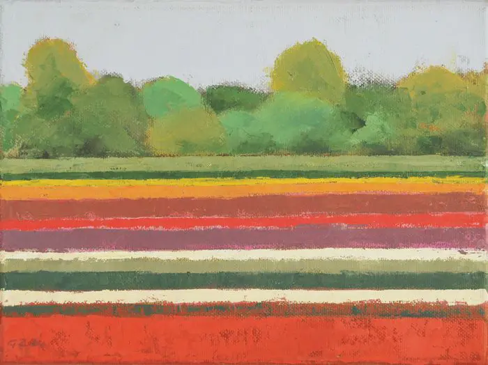 Gineke Zikken, Tulpen bij Castricum, 400 euro, Oil on canvas in wooden frame, 18x24 cm