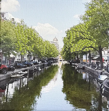 Annette van Waaijen, Gracht, 325 euro, Mixed media with photo and needlework, 20x20 cm