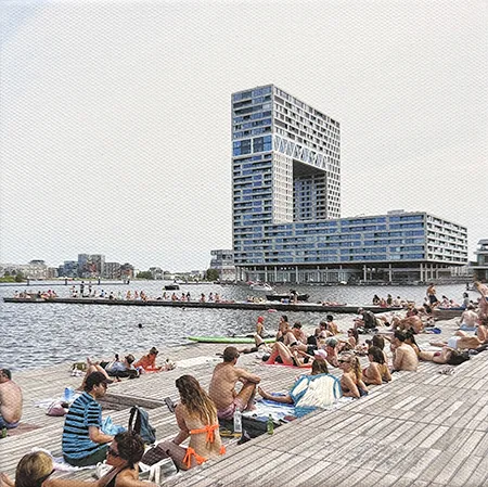 Annette van Waaijen, Summer in the city: Pontsteiger, 325 euro, Mixed media with photo and needlework, 20x20 cm