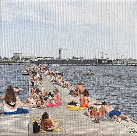 Annette van Waaijen, Summer in the city: Zwemsteiger, 325 euro, Mixed media with photo and needlework, 20x20 cm