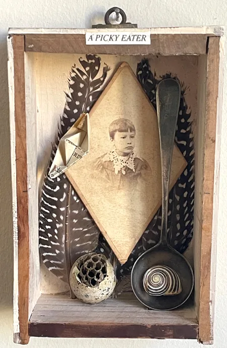 Antje Weber, Picky Eater, 150 euro, Mixed media in vintage drawer, 10,5x16,5x5 cm
