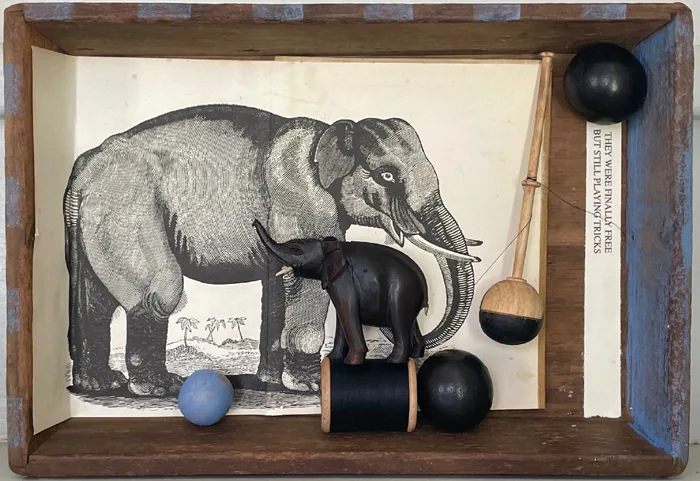 Antje Weber, They were finally free, 170 euro, Mixed media with ebony elephant, 19x27x4 cm