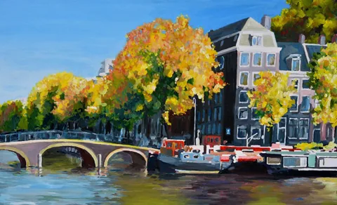 Henk Hofstra, Amstel met zicht op de Keizersgracht, 1950 euro, Acrylic on canvas in wooden frame, 55x90 cm