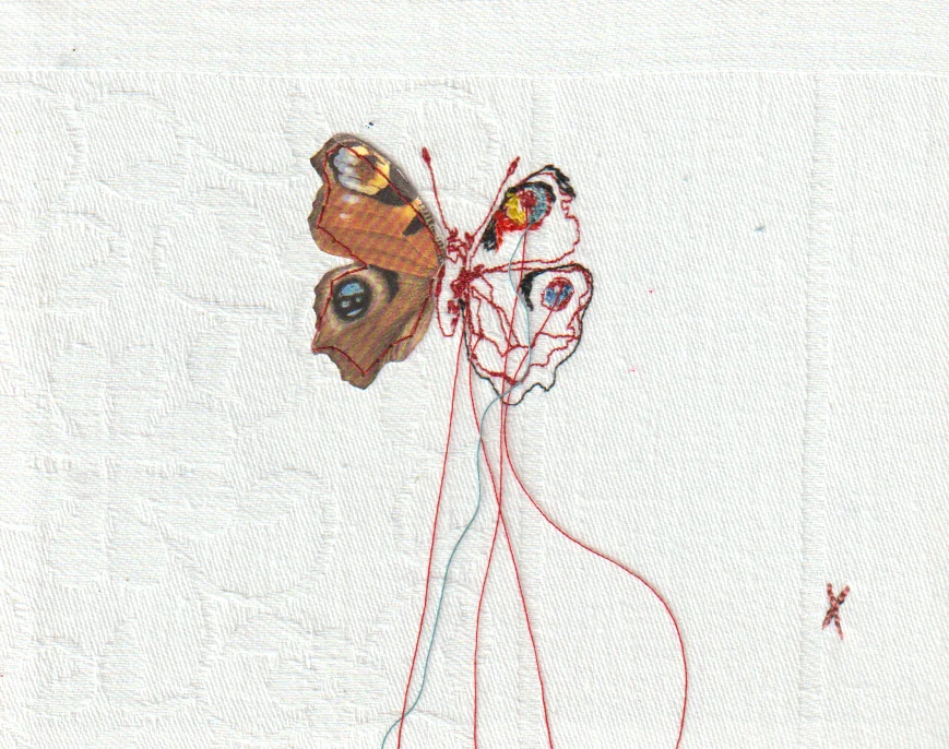 Judith Koning, Dagpauwoog 2, 100 euro, Mixed media on vintage damask, unframed, 15x12 cm