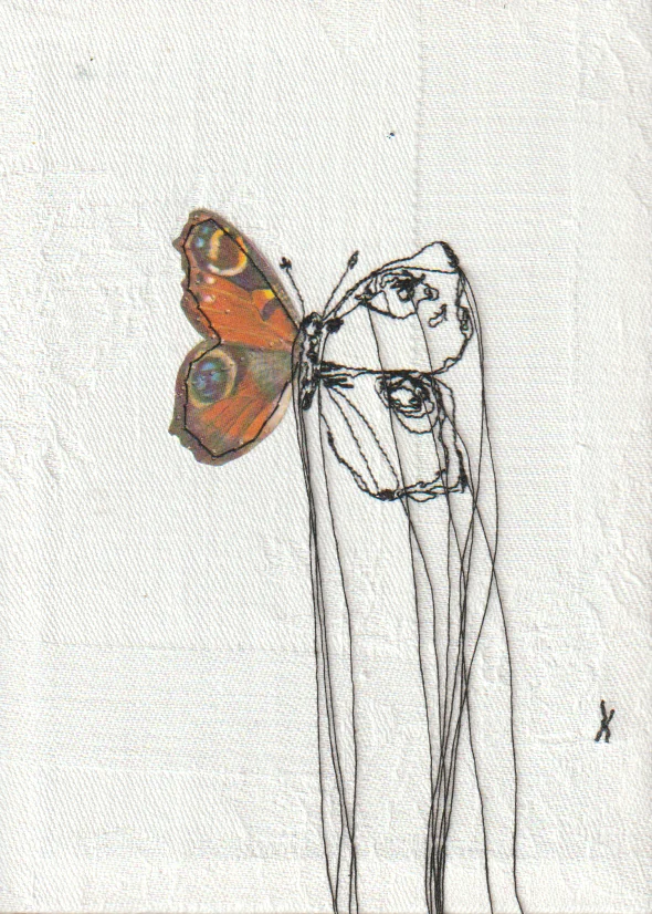 Judith Koning, Dagpauwoog 1, 100 euro, Mixed media on vintage damask, unframed, 14x10 cm